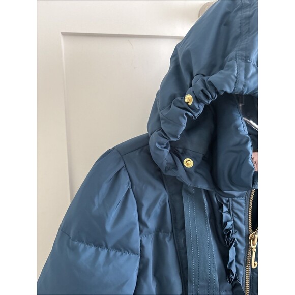 EUC Juicy Couture Teal Blue Quilted Hooded Puffer Down Filled Ruffle Jacket Med - Picture 5 of 13